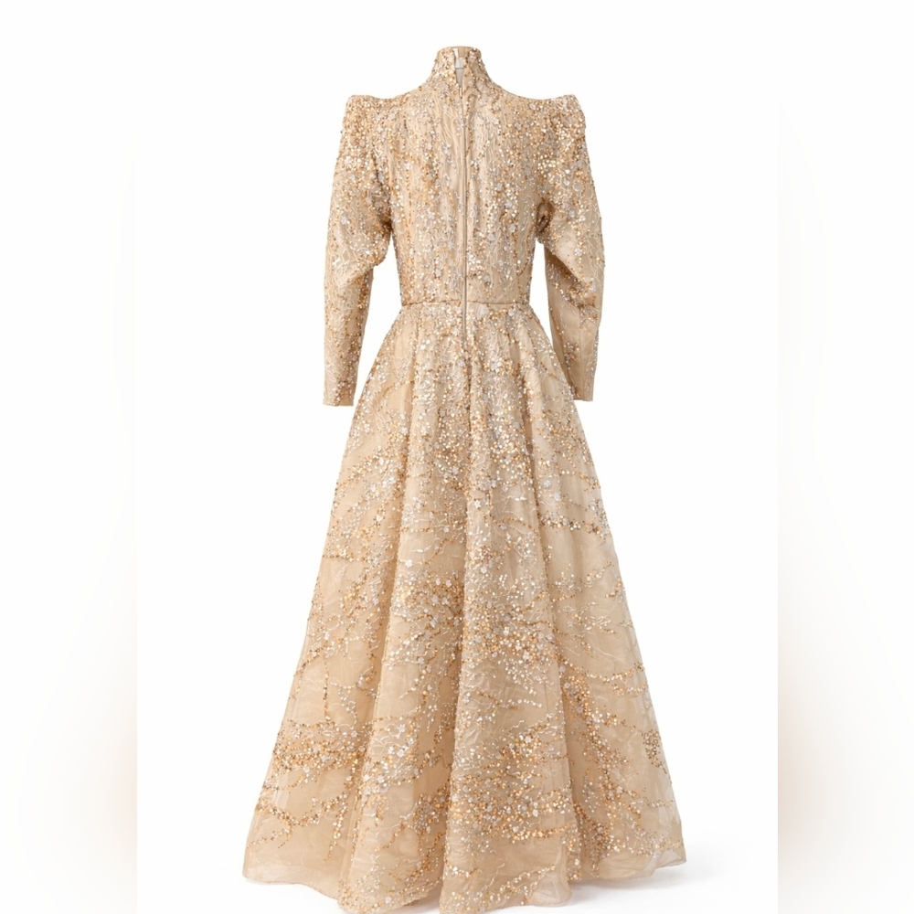 Tony Ward Couture Champagne Beaded Gown Formal Evening Dress Size L MSRP $10,000 - Picture 4 of 16